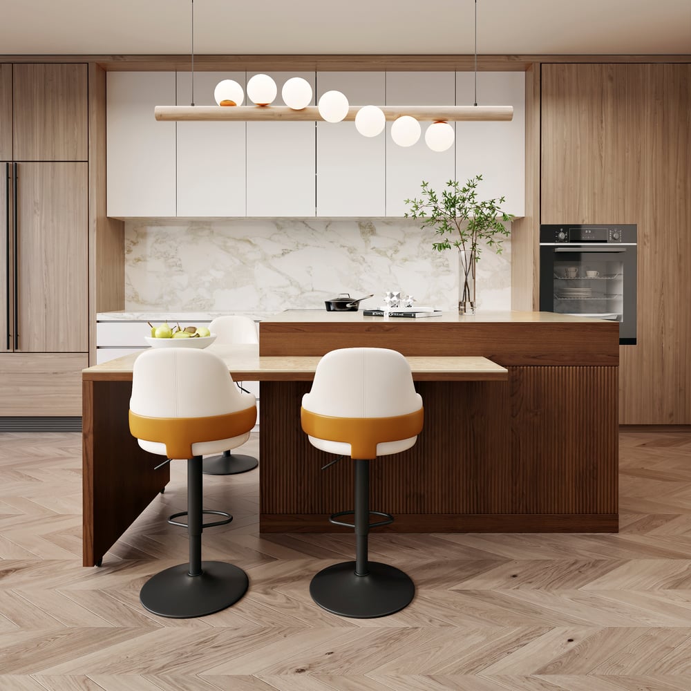Îlot central de cuisine moderne extensible 205-284 cm avec plateau en pierre frittée mate finition noyer et rangement image de fenêtre