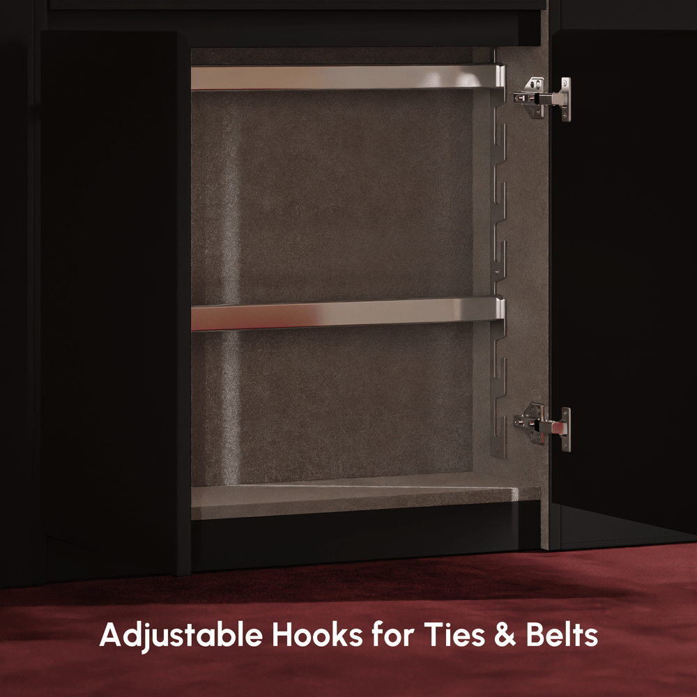 Selvo Saddle Leather Black Closet Island with Storage, Light and Jewelry Display window image