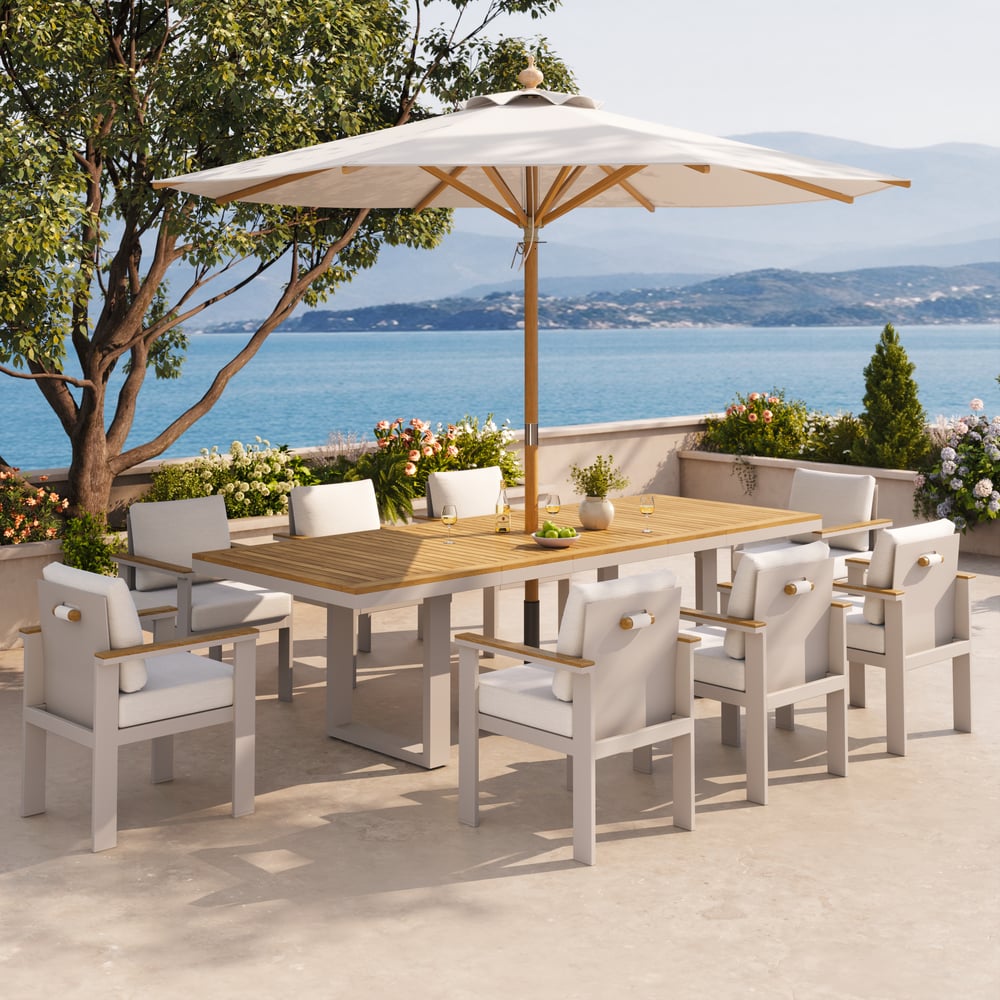 Table de salle à manger extensible d'extérieur Tevara en teck et aluminium image de fenêtre