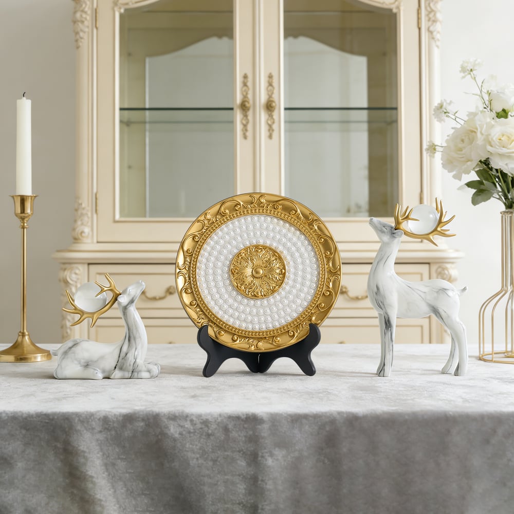 3 pcs Golden Deer Figurine with Decorative Plate Set, Luxury Resin Animal Sculptures window image