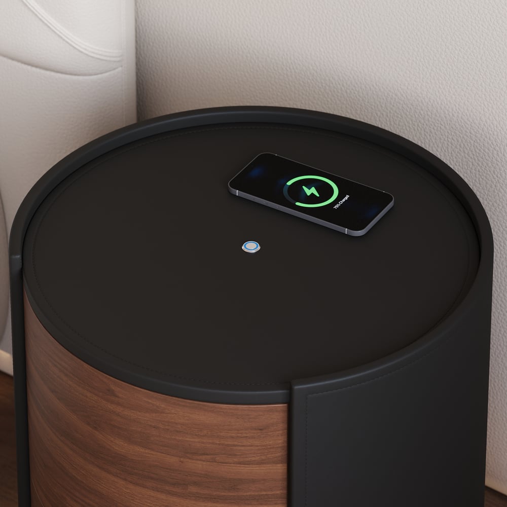 Modern Black Saddle Leather 2-Drawer Nightstand with Charging Station & Light window image