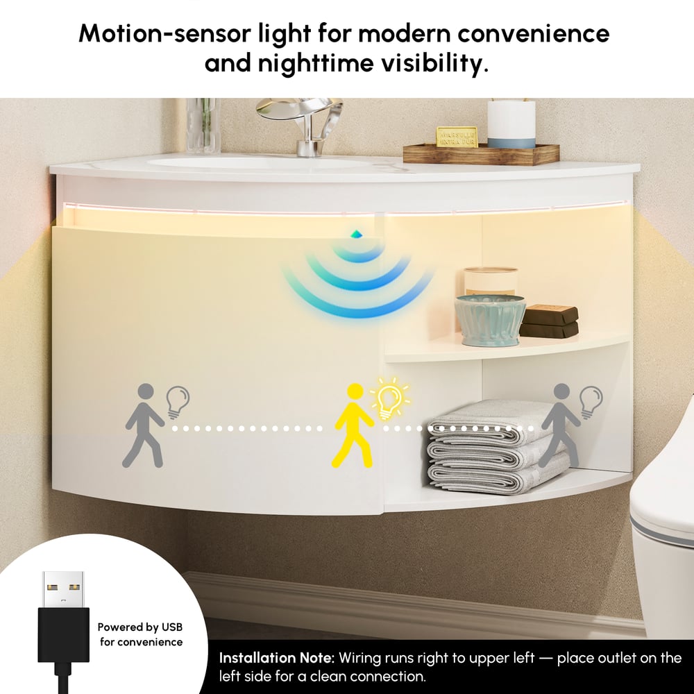 Meuble de salle de bain d'angle de 36 pouces avec rangement et éclairage LED à capteur image de fenêtre