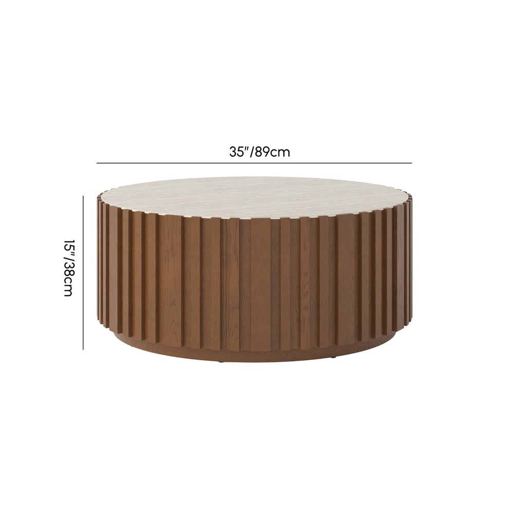 Aura 35" Ash Wood Slatted Round Coffee Table with Sintered Stone Top weights dimensions image