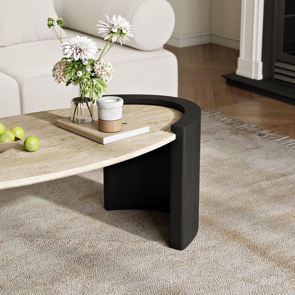 Table Basse de 43" en Pierre de Travertin Ovale Style Japandi image de fenêtre