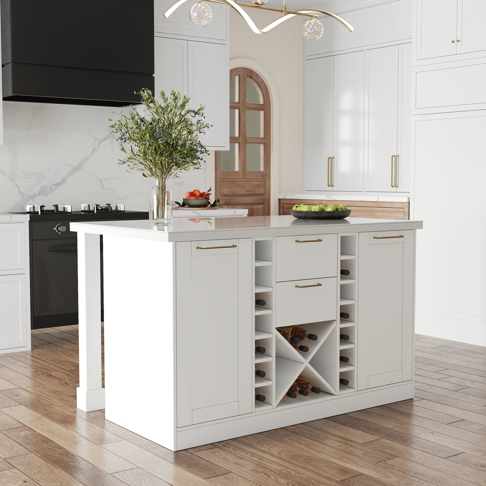 59" Modern White Sintered Stone Kitchen Island with Wine Storage window image