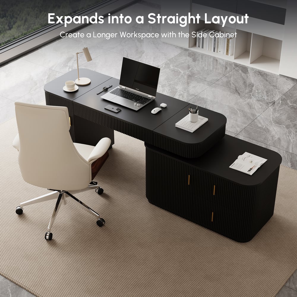 Velign 65" L-Shape Black Executive Desk with Right-Side Cabinet window image