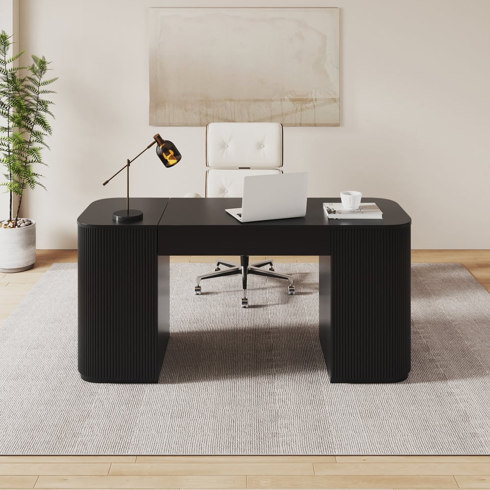 Modern 60" Black Standing Office Desk & Sliding Door Etagere Bookshelf window image