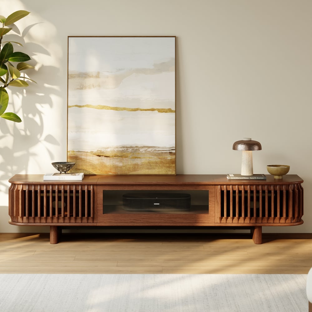 80" Ash Wood Fluted Walnut Projector TV Stand with LED window image
