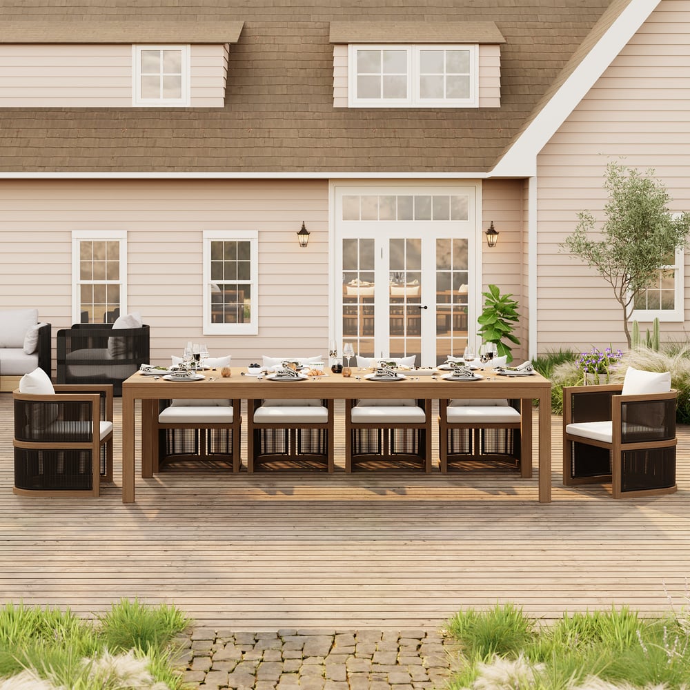 Wevara 11-Piece Outdoor Rope Weave Dining Set with 10 Chairs in Walnut window image