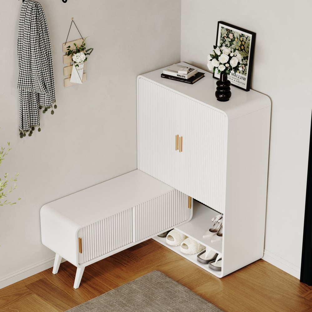 37" Warm White Shoe Storage Fluted Entryway Cabinet,Left Hand window image