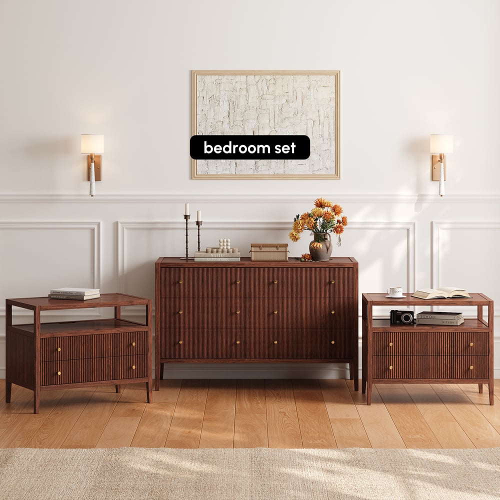 Stria 47" Fluted Natural 6-Drawer Dresser with Charging Station window image