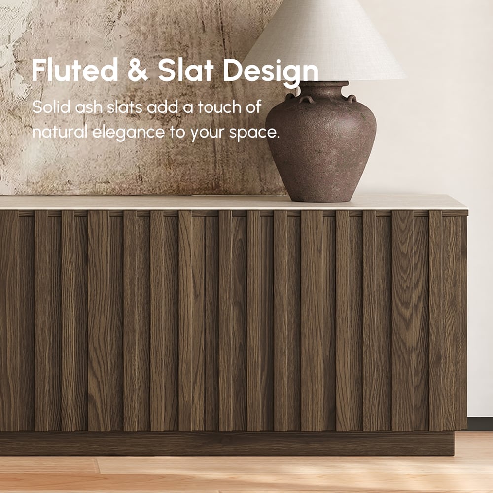 Aura 83" Ash Wood Fluted Smoked Brown TV Stand with Sintered Stone Top window image