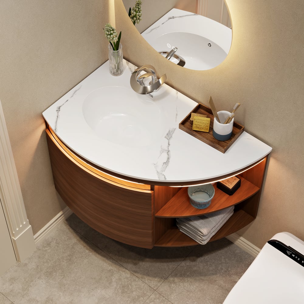 Meuble-lavabo de salle de bain d'angle de 91cm avec rangement et capteur de lumière à DEL image de fenêtre