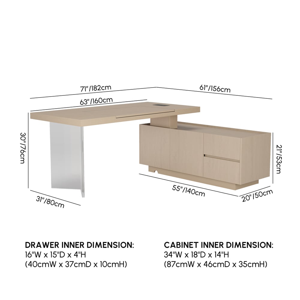 Modern 72" L-Shape Whitewash Standing Executive Desk with lifter Desktop Right Hand weights dimensions image