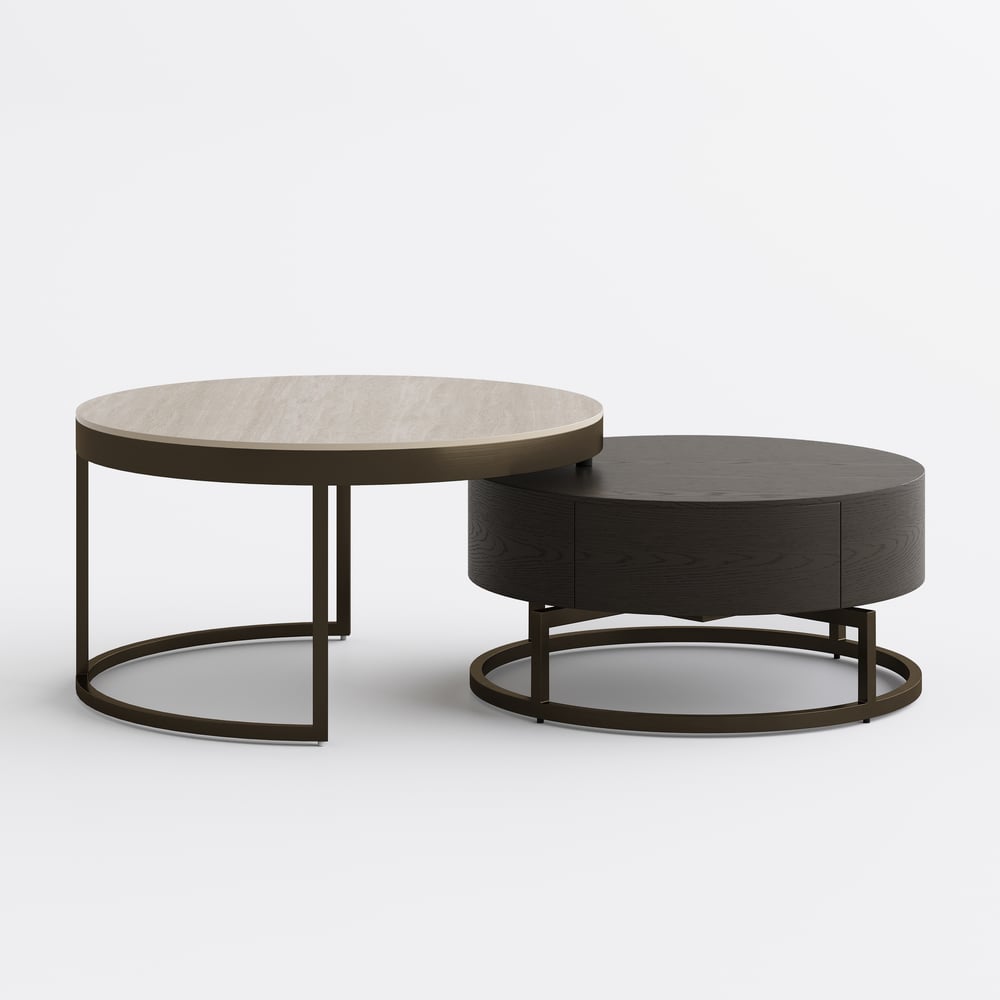Ensemble de 2 tables basses gigognes rondes Nesnesis de 28" à 32" en noyer avec plateau en pierre frittée image de fenêtre