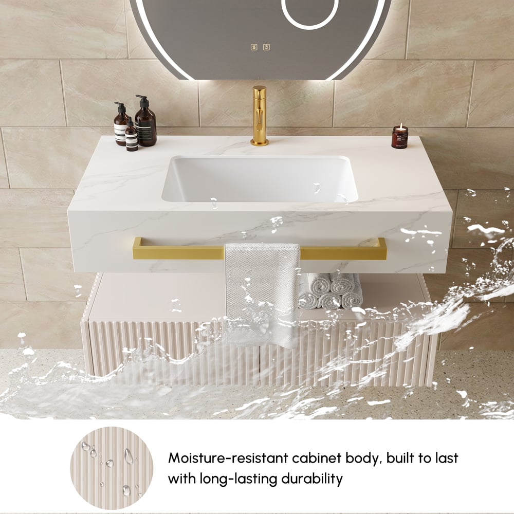 Mueble de baño flotante de 91 cm (36") con doble lavabo, encimera de piedra sinterizada, toallero dorado Imagen de ventana