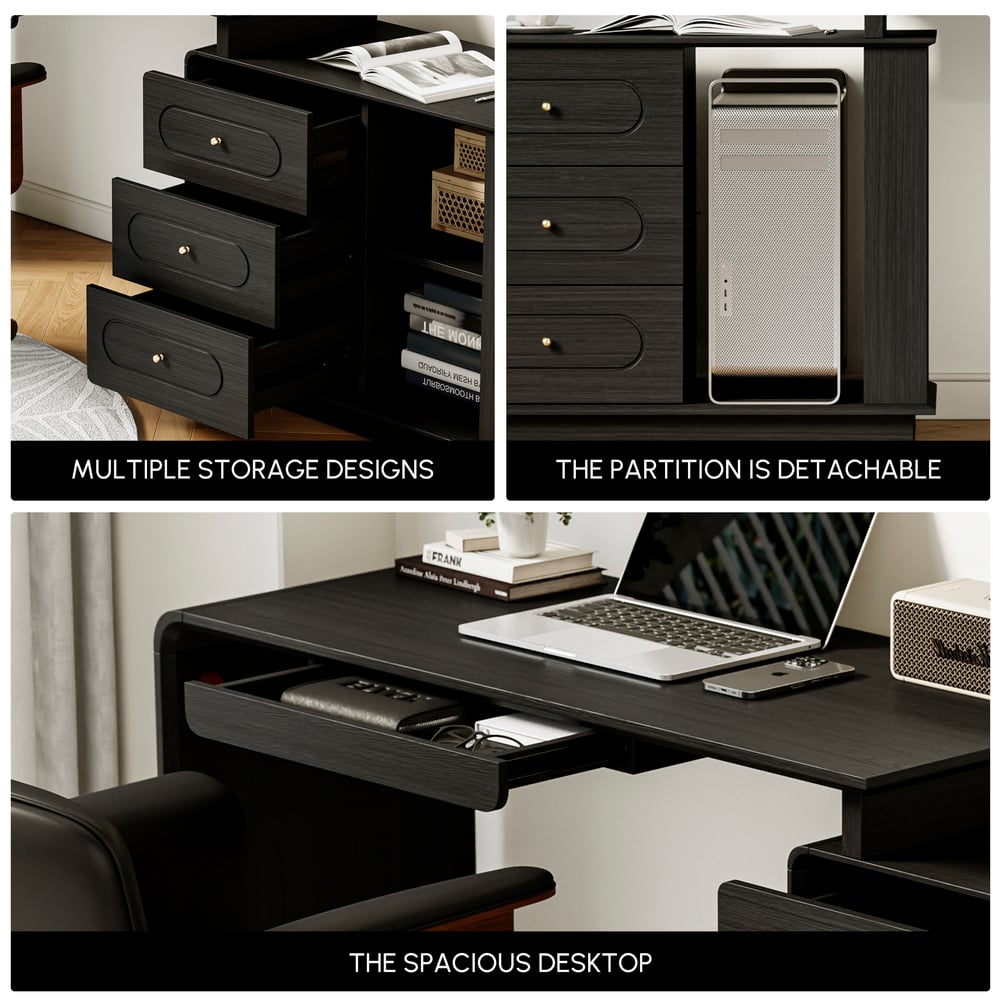 Modern 73" L-Shaped Black Rotating Desk with Keyboard Tray & Storage window image