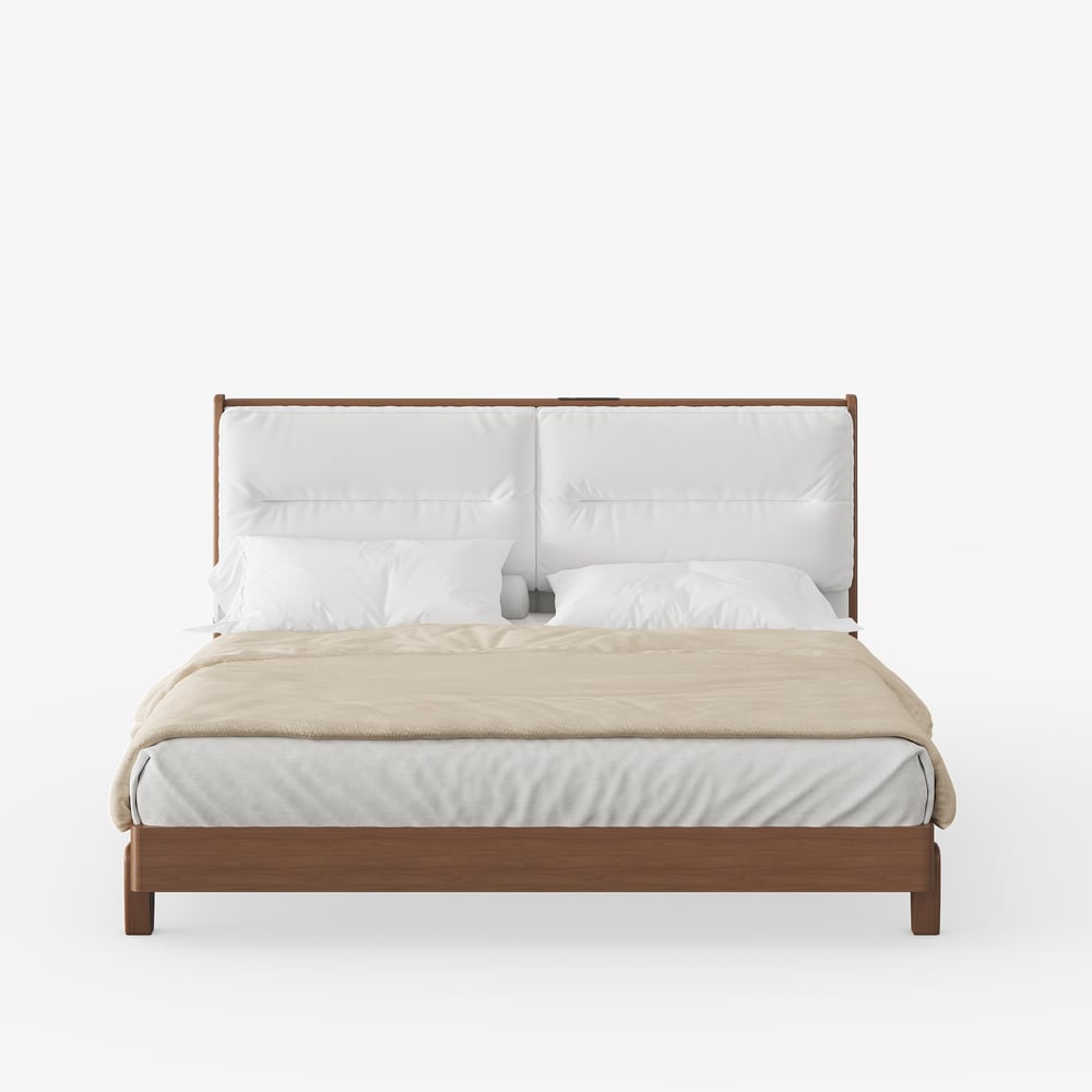 Mid-Century Modern King Solid Wood Bed with Charging Station and Sensor LED window image