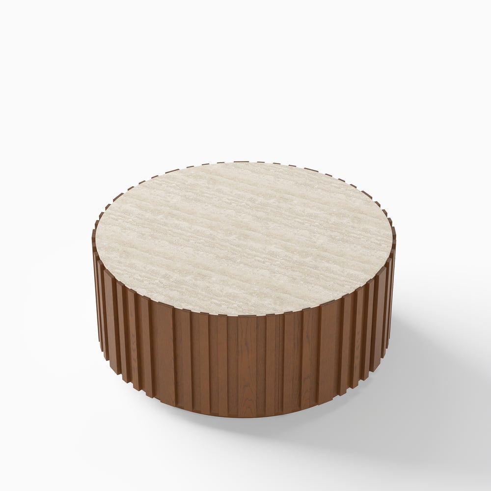 Aura 35" Ash Wood Slatted Round Coffee Table with Sintered Stone Top window image