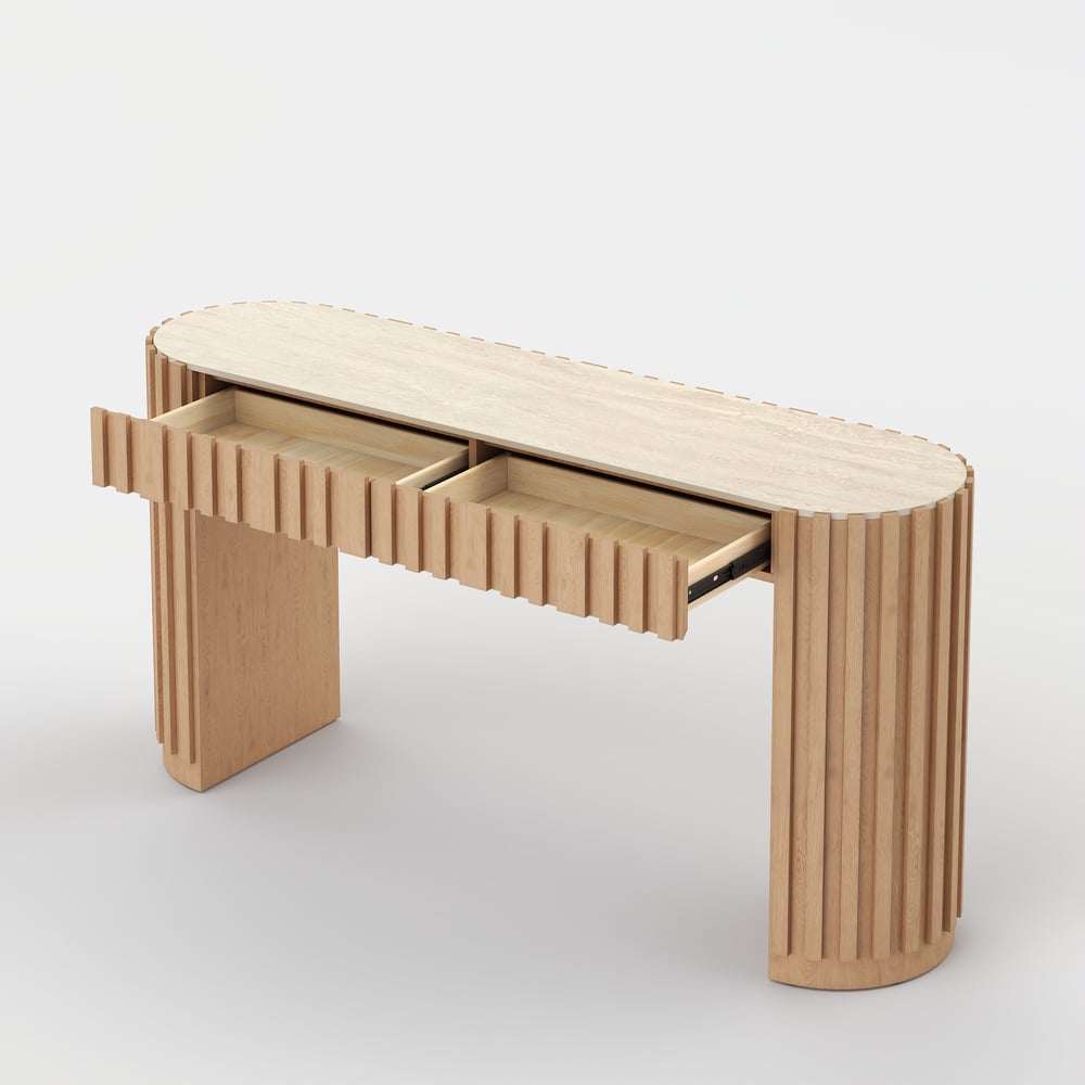 Aura 60" Ash Wood Fluted Natural Console Table With Sintered Stone Top window image