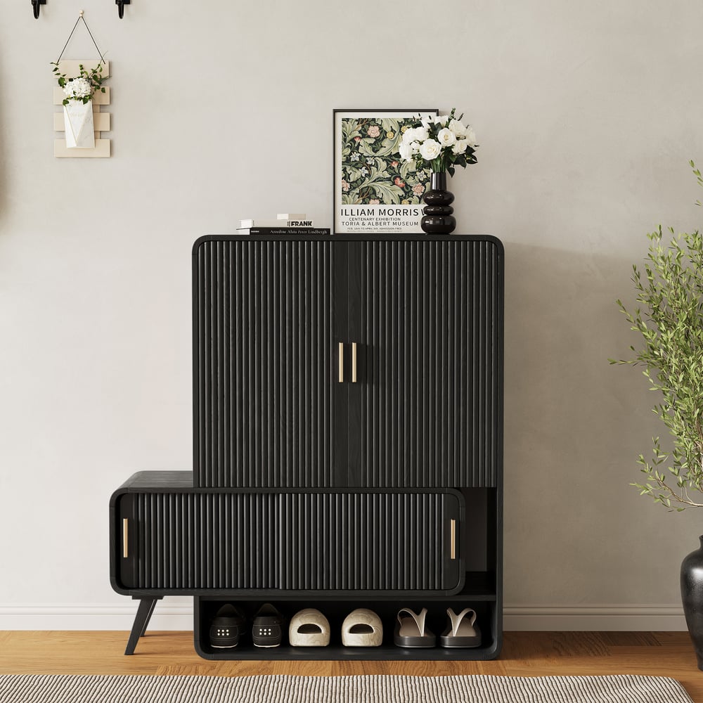 Meuble d'entrée cannelé en placage de bois de frêne de 37 pouces avec rangement pour chaussures, main gauche image de fenêtre