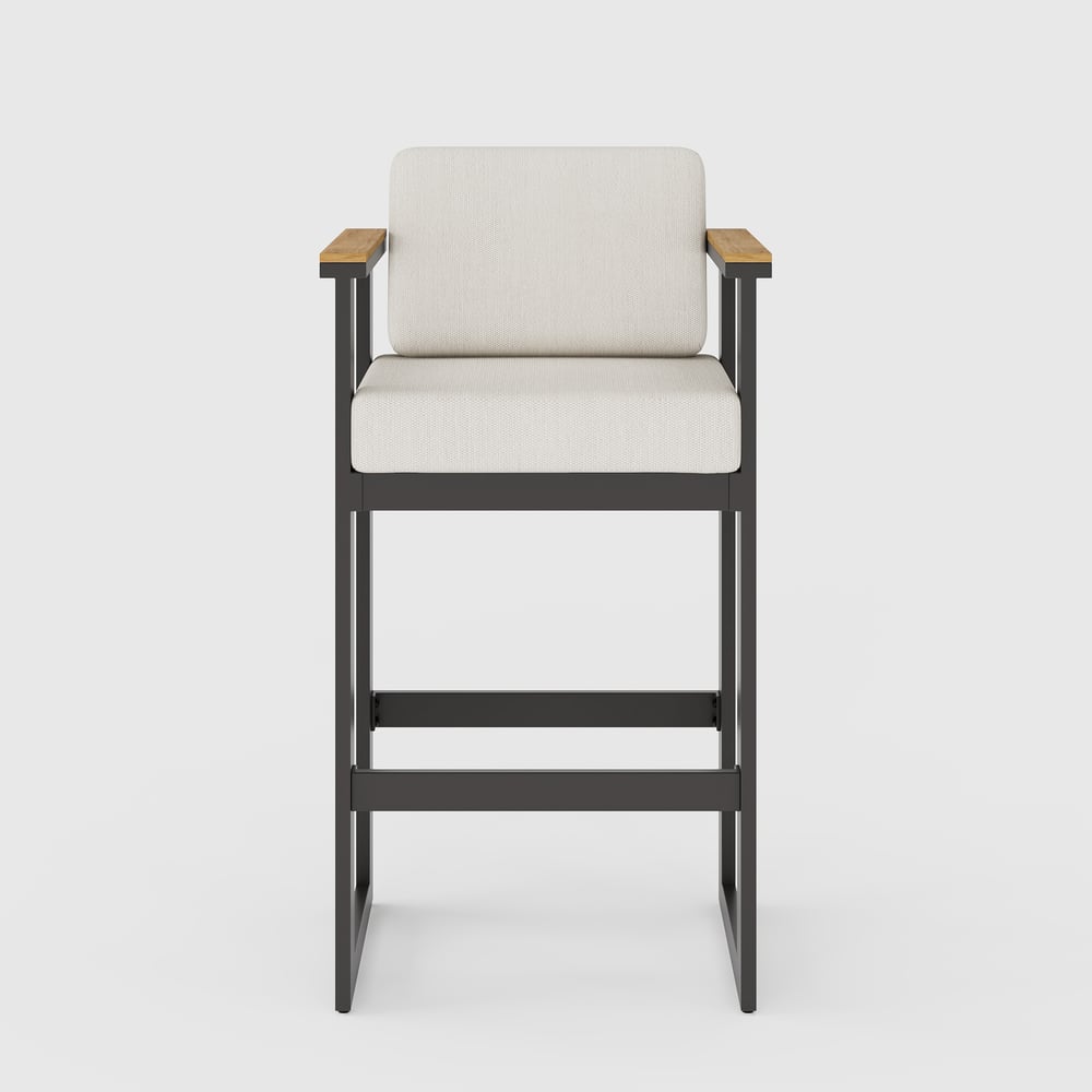 Tevara Teakhouten Moderne Outdoor Bar Set Donkergrijs Frame & Warm Wit Kussen Vensterafbeelding
