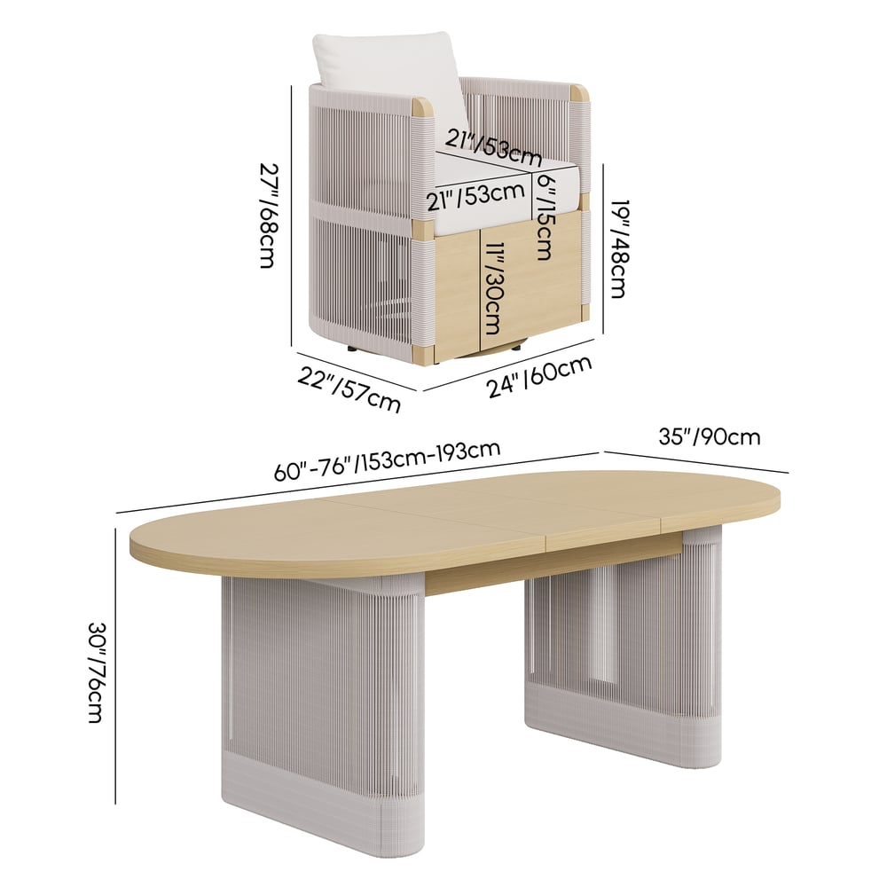 Costra  Outdoor Aluminum Extendable Dining Set with 6 Woven Swivel Armchairs in Ivory weights dimensions image