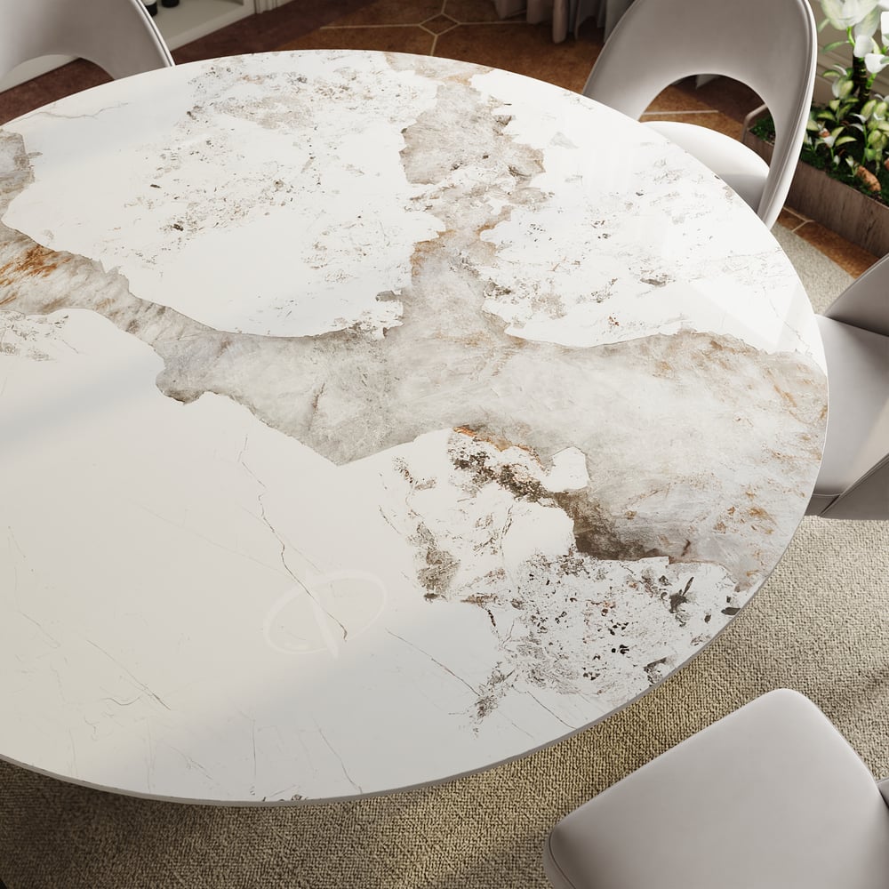Modern 60" Round Glossy Sintered Stone Dining Table with Black Pedestal Base, Seats 6 window image