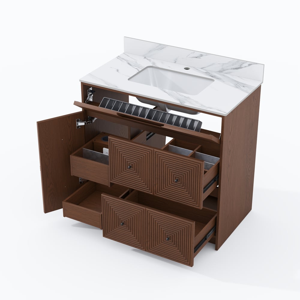 92cm Walnut Single Bathroom Vanity with Sink and Sintered Stone Top window image