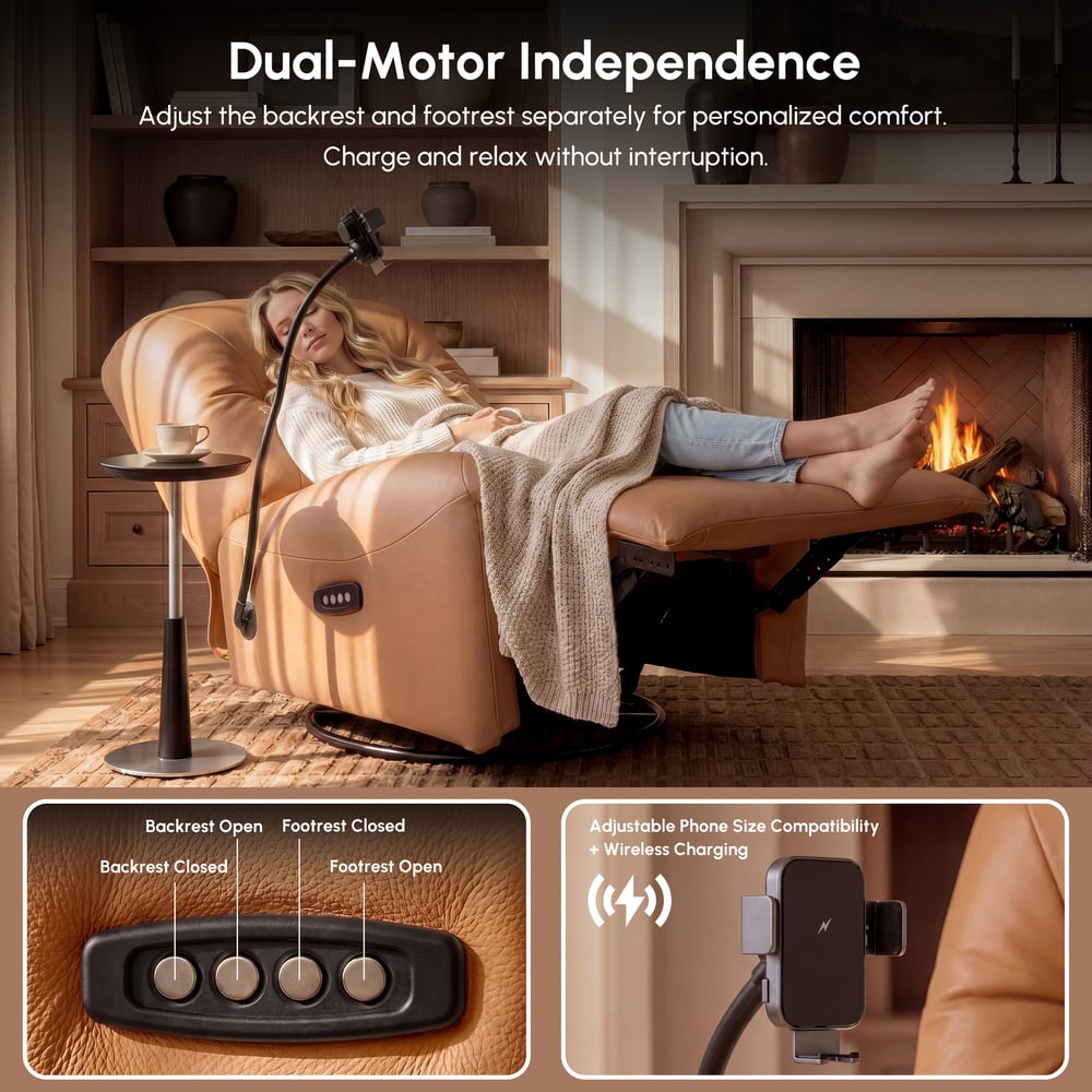 Leather Power Swivel Rocker Recliner Accent Chair with Phone Holder window image