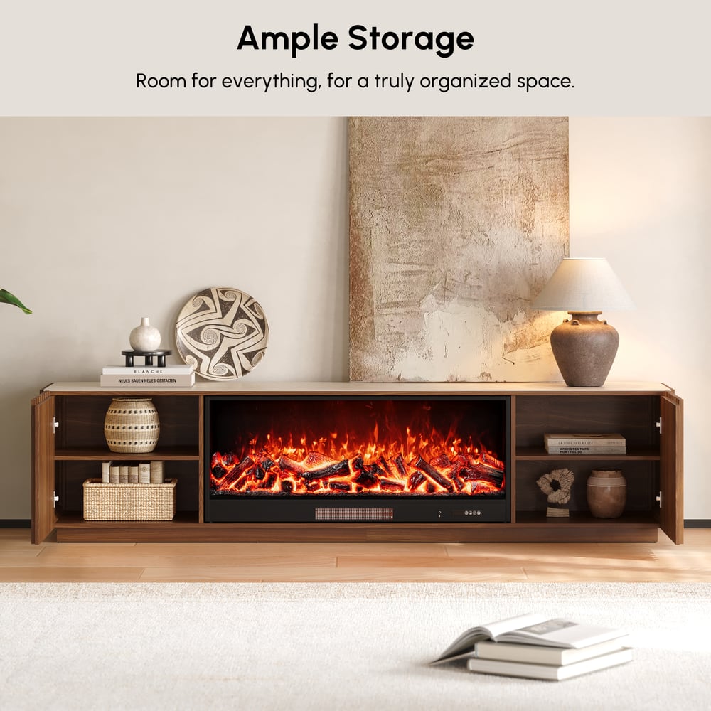 Aura 84" Sintered Stone Top Electric Fireplace TV Stand window image