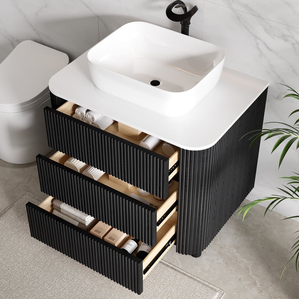 80cm Fluted Freestanding Bathroom Vanity with Vessel Sink, 3-Drawers, Sintered Stone top window image