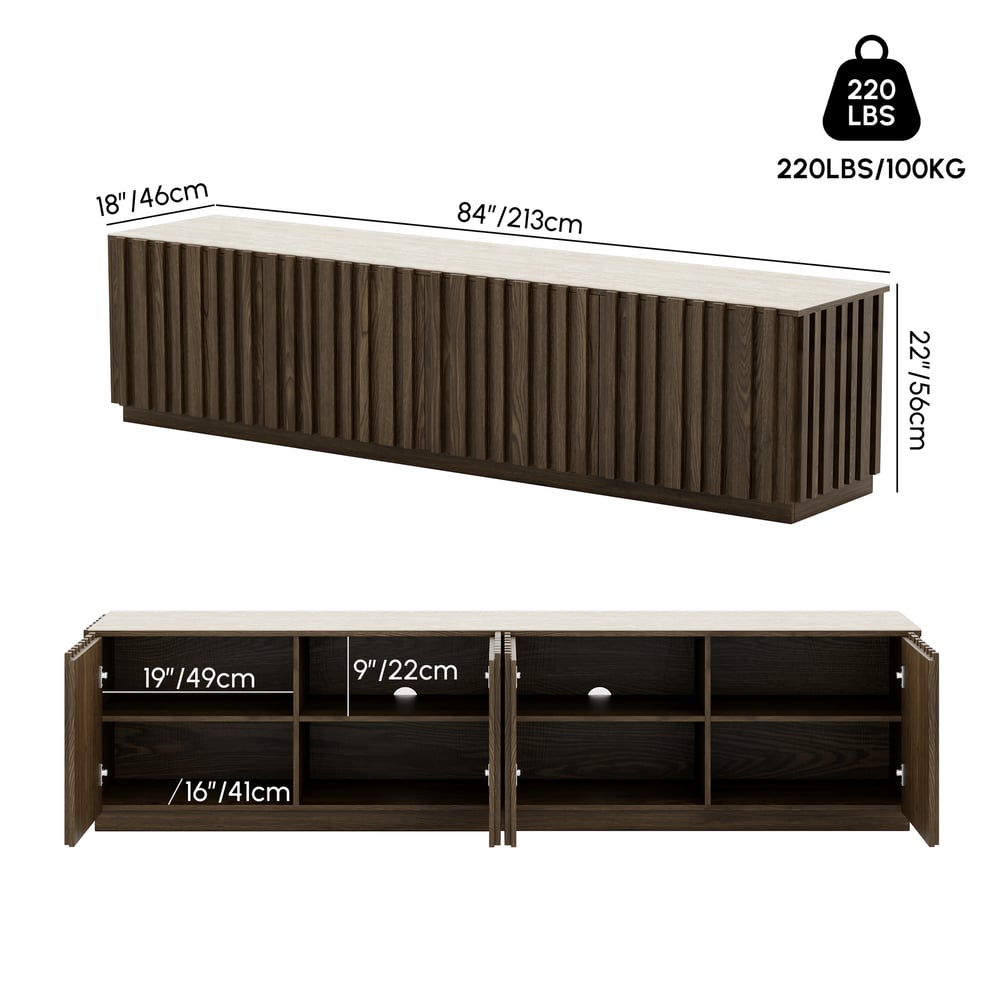 Aura 83" Ash Wood Fluted Smoked Brown TV Stand with Sintered Stone Top weights dimensions image