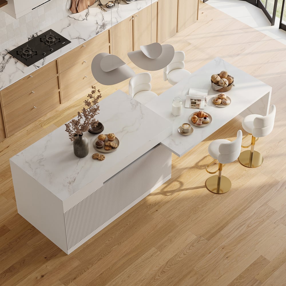 Modern 81"-112" Marble Pattern Kitchen Island with Doors & Drawers, White window image