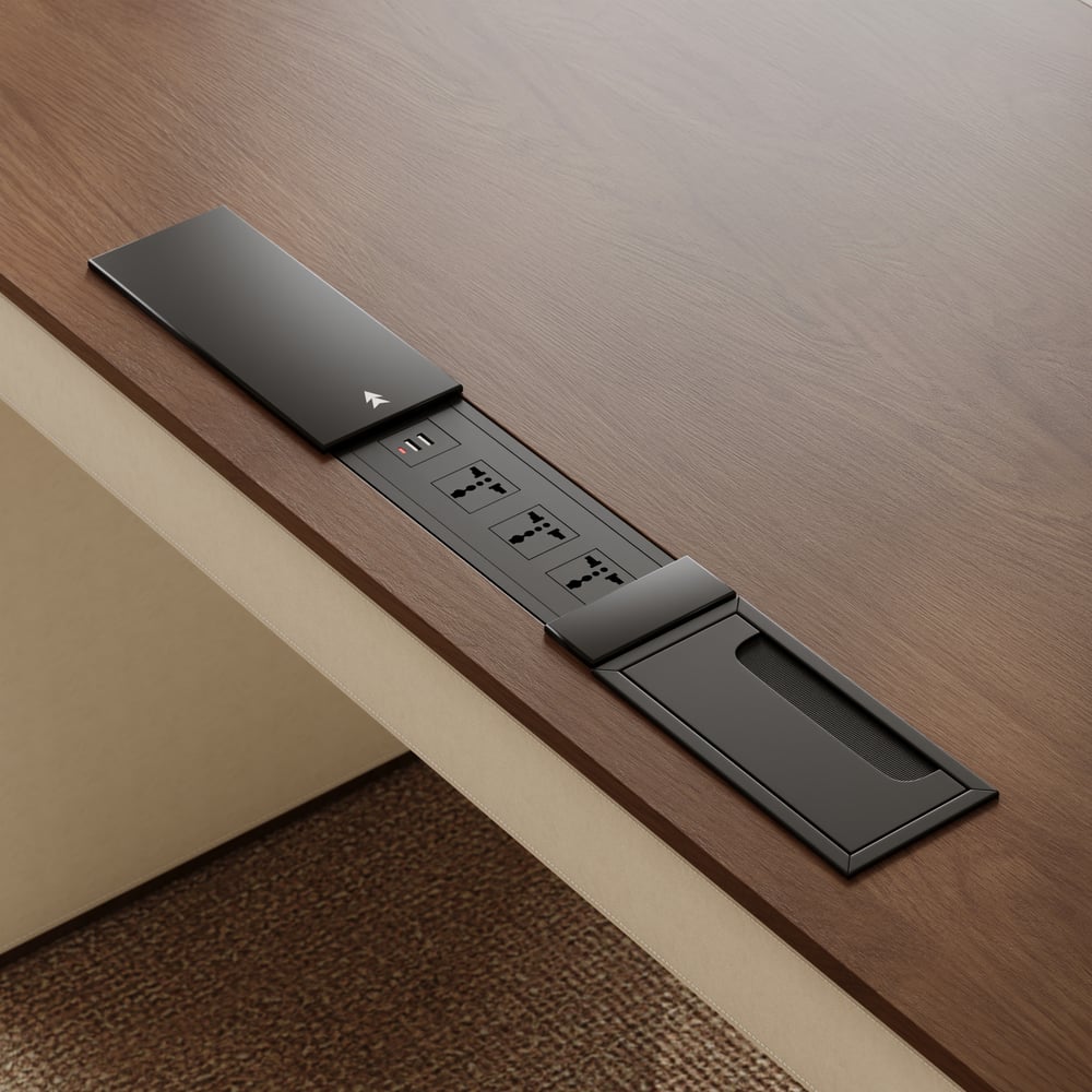 160 cm Height Adjustable Electric Standing Desk with Walnut Top and Leather-Wrapped Legs window image
