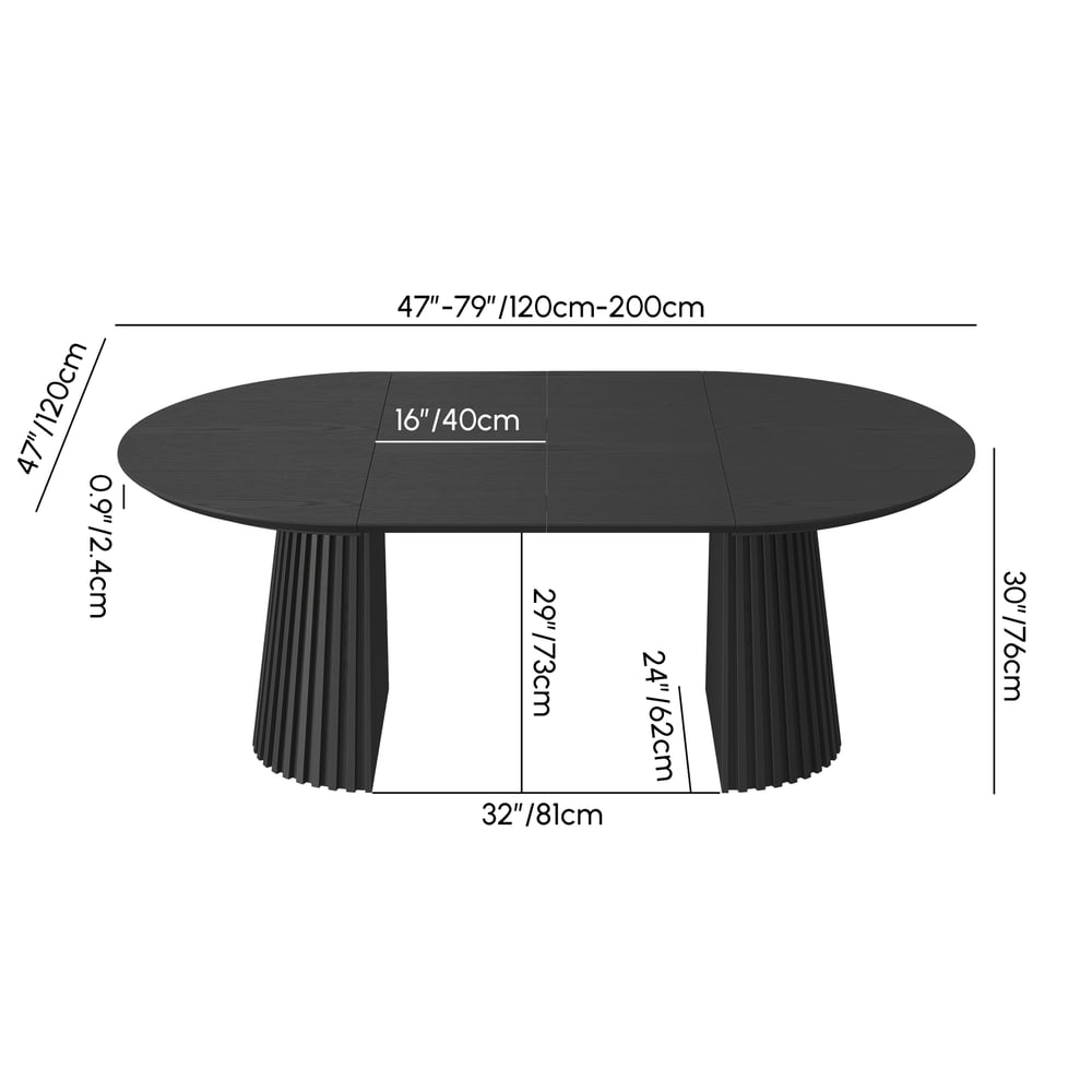 Modern 47"-79" Extendable Black Wood Dining Table with Fluted Base, Seats 4-6 weights dimensions image