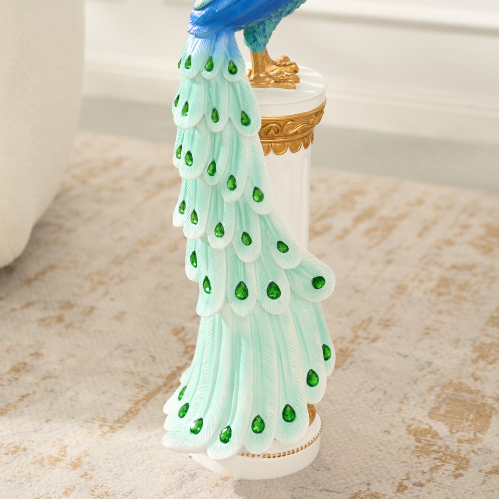 Estátua de Pavão de Resina de Luxo de 27" com Acentos de Cristal – Escultura Elegante para Decoração de Casa Imagem da janela