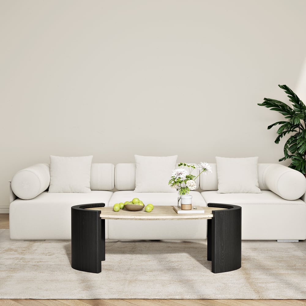 Table Basse de 43" en Pierre de Travertin Ovale Style Japandi image de fenêtre