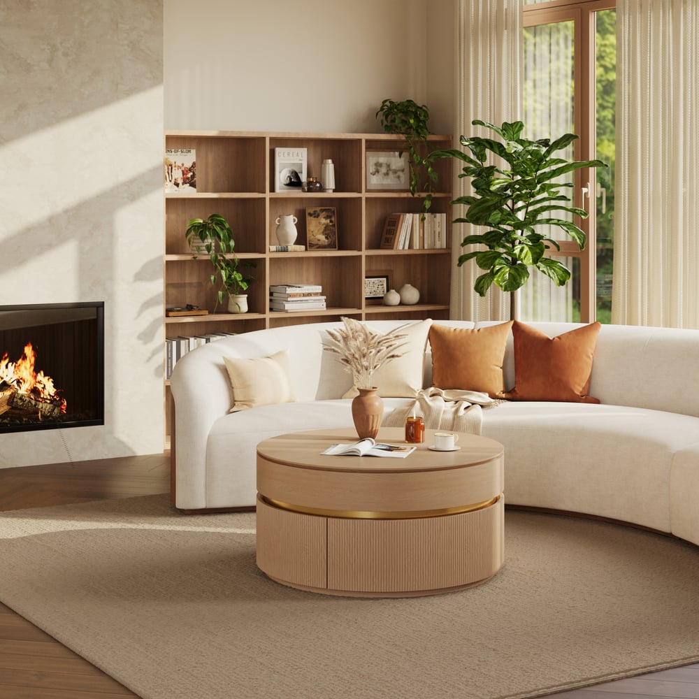 32" Fluted Lift-Top Round Coffee Table with 2 Drawers window image