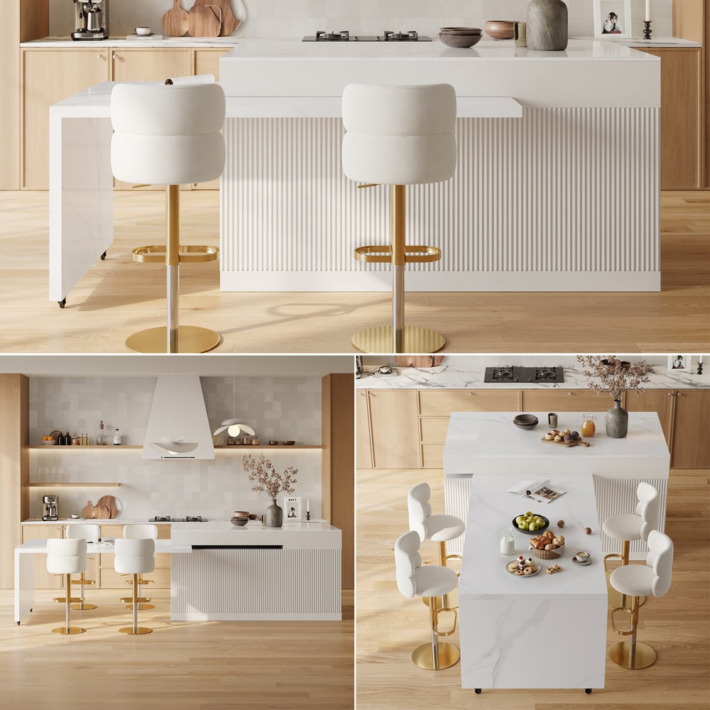 Modern 81"-112" Sintered Stone Kitchen Island with Drawers & Doors, White window image