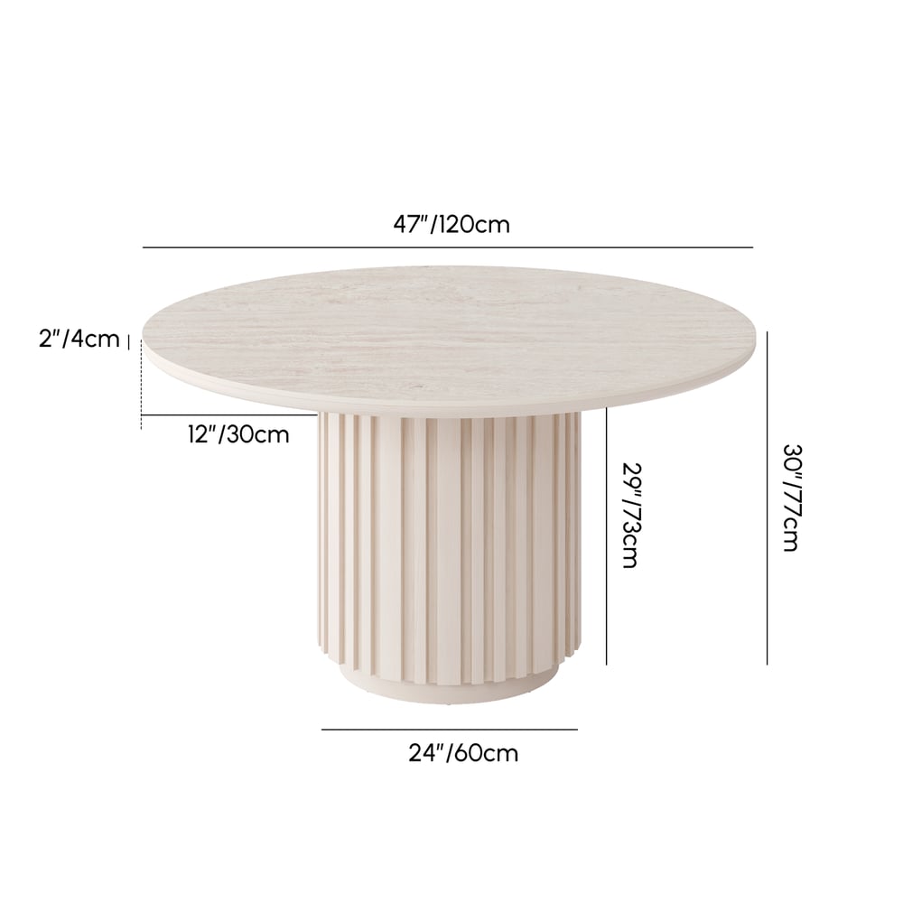Table à manger ronde Aura de 119 cm en pierre frittée imitation travertin blanchie, base cannelée, 4 places Poids, dimensions, image