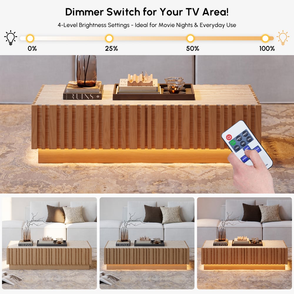 Table basse à lattes Aura 47" en bois de frêne avec plateau en pierre frittée image de fenêtre