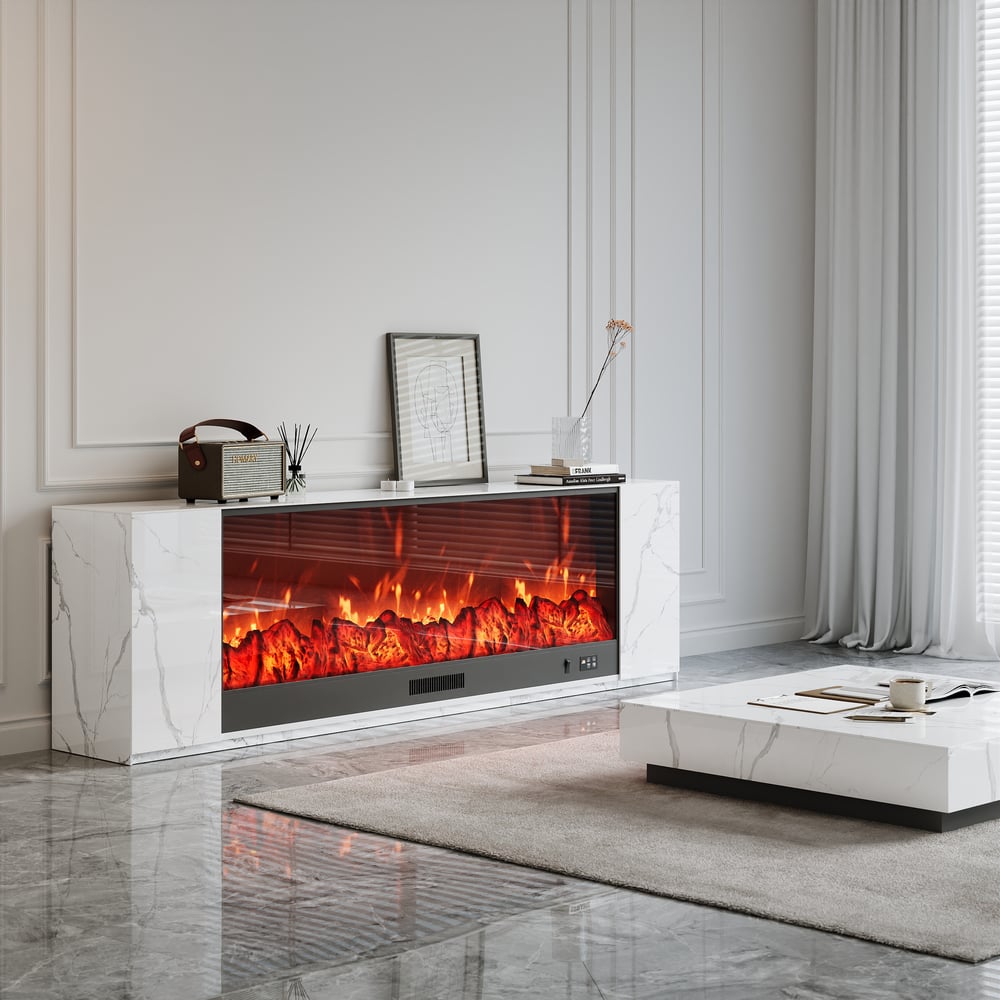 200 cm Sintersteen Elektrische Haard TV-meubel & Salontafel Set Vensterafbeelding