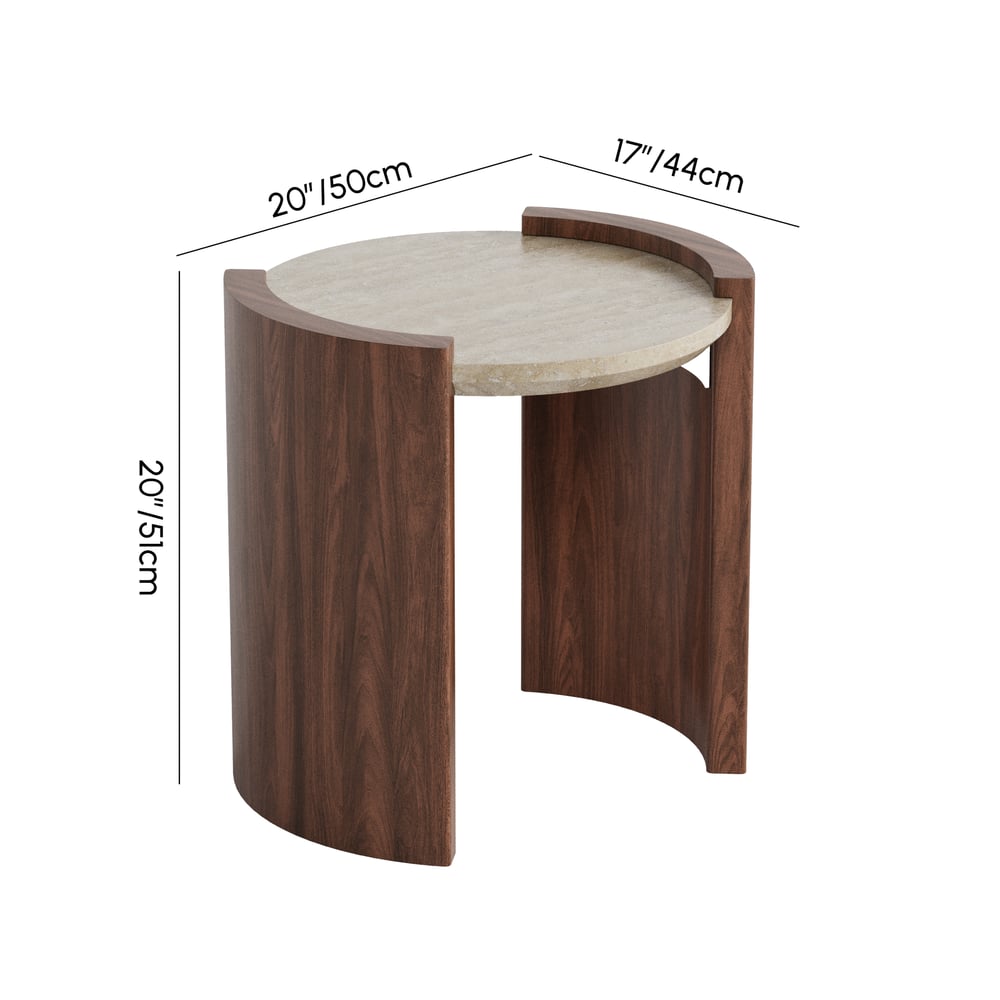 Table d'appoint ronde en noyer de 20 pouces avec plateau en travertin Poids, dimensions, image