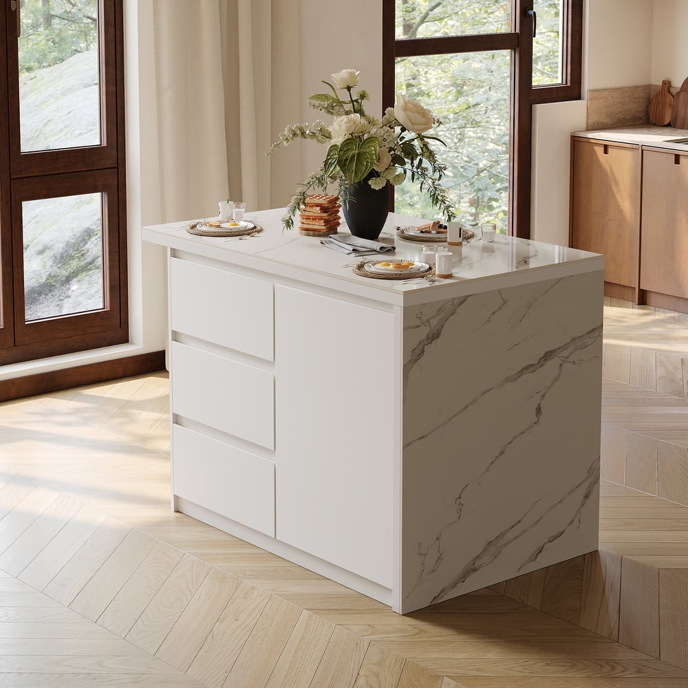 Modern 1270mm Glossy Sintered Stone Kitchen Island with Storage, White window image