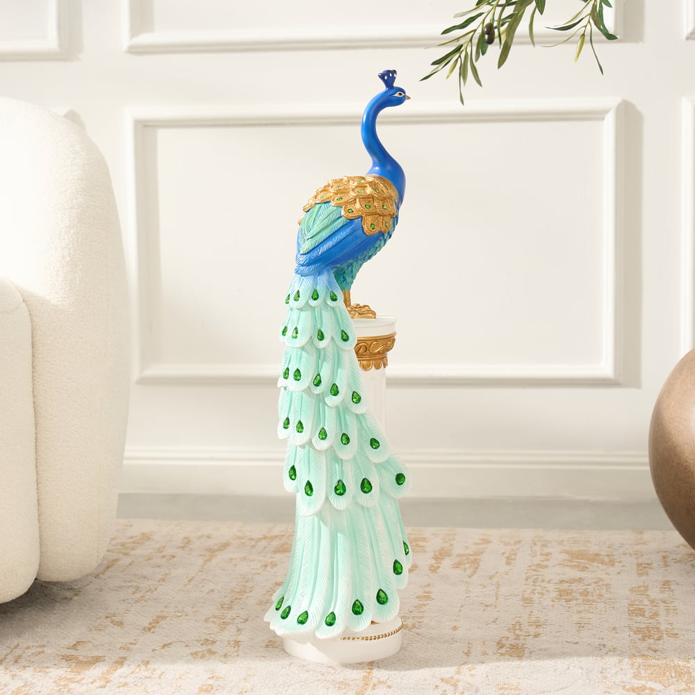 Estátua de Pavão de Resina de Luxo de 27" com Acentos de Cristal – Escultura Elegante para Decoração de Casa Imagem da janela
