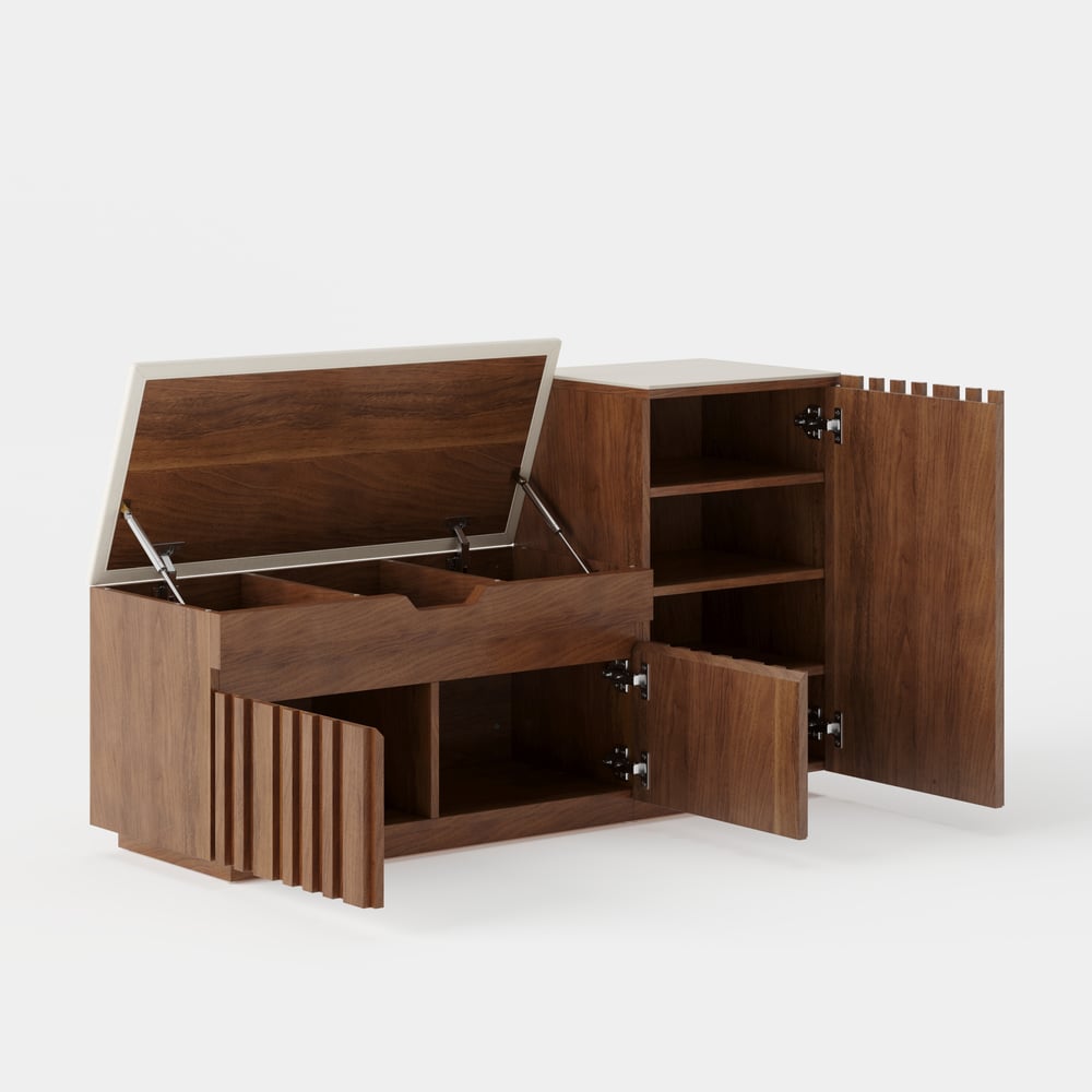 Banc de rangement à chaussures Aura 47" en bois de noyer avec armoire sur le côté droit pour entrée image de fenêtre