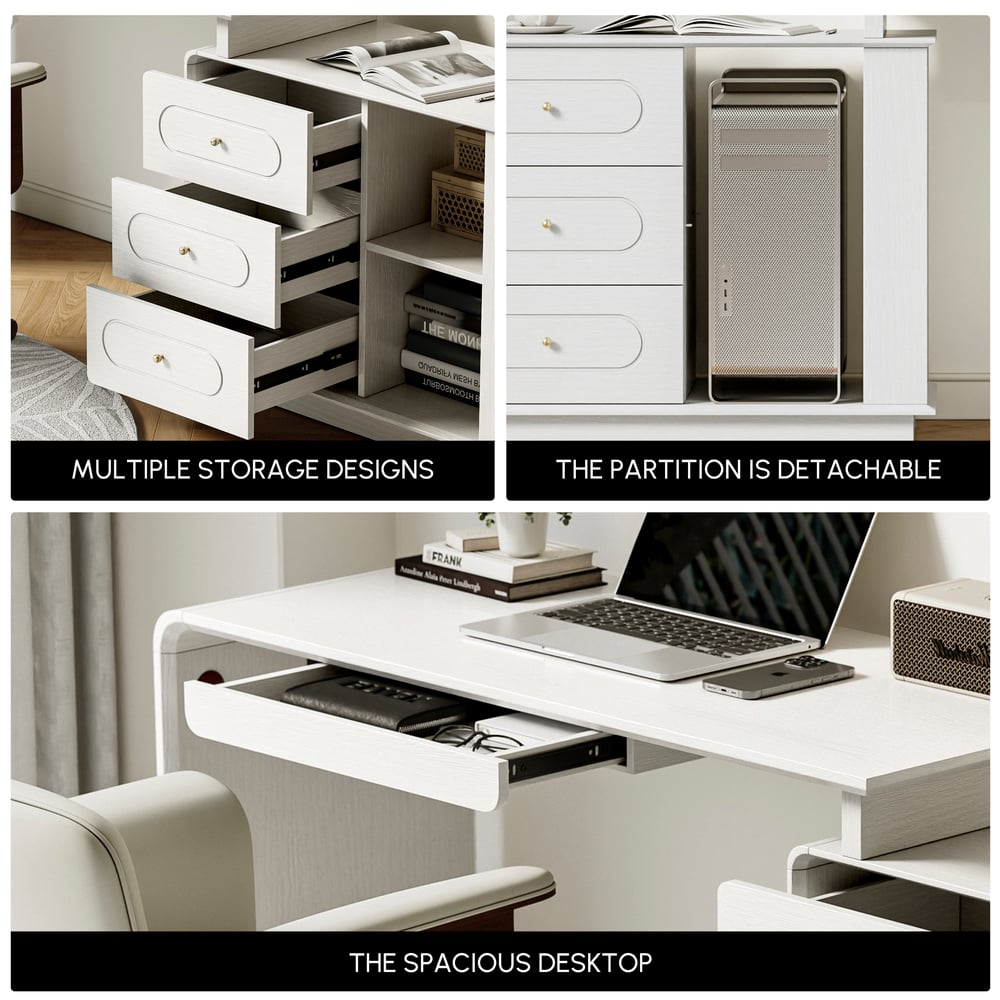 Modern 73" L-Shaped White Rotating Desk with Keyboard Tray & Storage window image