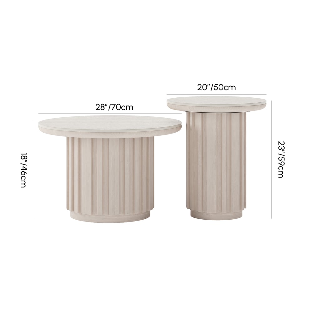 Aura 2 Piece Set Ash Wood Slatted  Round Coffee Table with Sintered Stone Top(20" - 28") weights dimensions image