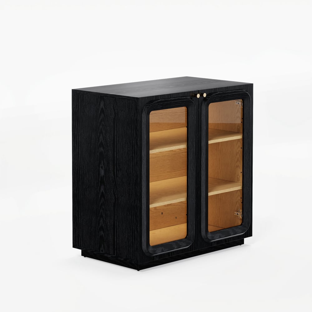 31" Ash Wood Veneer TV Stand with Glass Doors, Chest Cabinet and LED window image